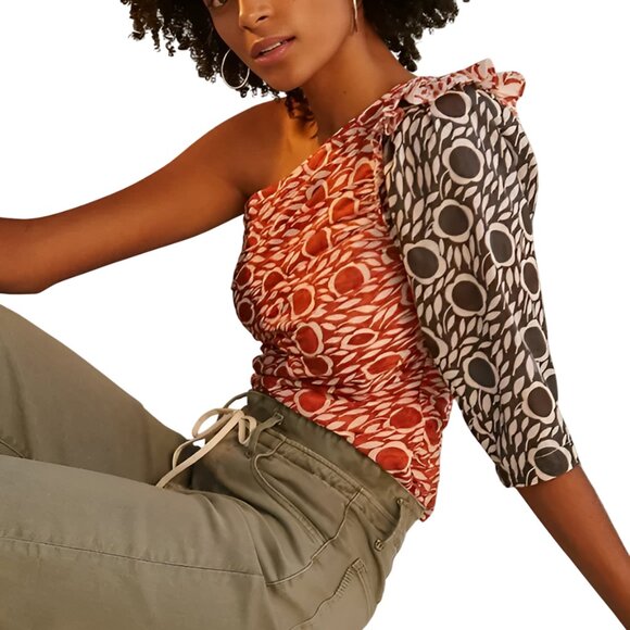 New Anthropologie Cecilia Pettersson Printed One Shoulder Blouse Red Size Large - Picture 1 of 8
